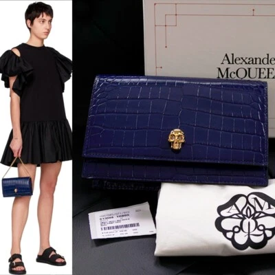 NEW $990 ALEXANDER MCQUEEN Midnight Blue CROC EMBOSSED Leather SKULL Chain BAG - Image 1 of 4