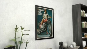 Póster vintage de motocicleta Kawasaki 500 MACH III 1970 lona enmarcada Giclee - Imagen 1 de 6