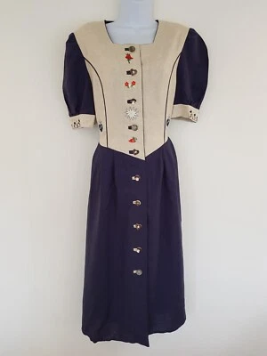 Vintage Dress Dirndl Black Linen Blend Beige Size 14 Long Retro Embroidery Folk - Image 1 of 4