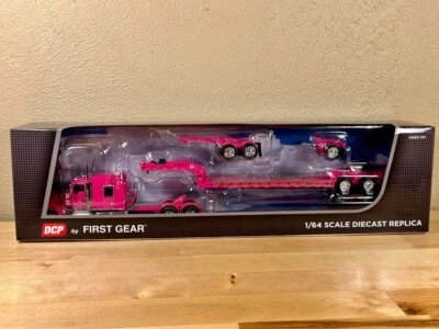 1:64 Pink Kenworth W900L w/72” Aero Sleeper & Magnitude Lowboy  DCP - Image 1 of 2