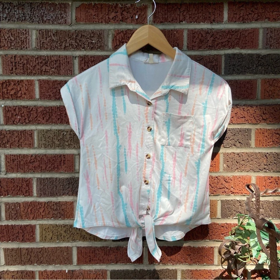 Self esteem Cream and Yellow Blue and Pink Collared Button Down Front Knot Top - Image 1 of 2