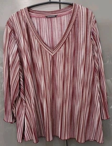 Essence Plisse V Neck Top Burgundy White Stripped 3/4 Sleeve Non Iron Size 28 - Picture 1 of 11
