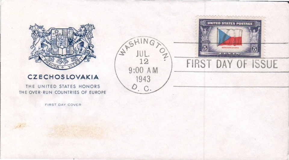 WW2 OVERRUN COUNTRIES CZECHOSLOVAKIA #910 JUL 12 1943 WASHINGTON FIRST DAY COVER - Image 1 of 1