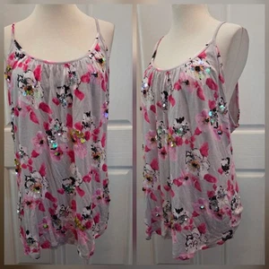 Verziertes Tanktop rosa irisierend Gr. XL Designer INC Blumen grau Boho - Bild 1 von 7