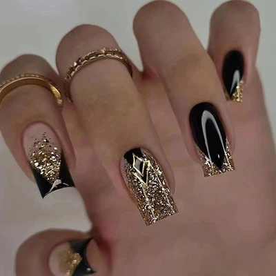 24PCS Black Gold Glitter Press-On Nails w/ Geometric Designs - Party Glam - Image 1 of 4