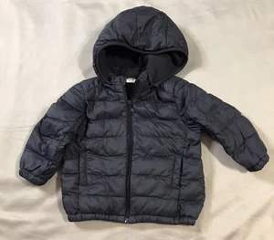 Uniqlo Giubbotto Puffer Bambino 18-24 Mesi Blu Cappuccio Rimovibile - Foto 1 di 10
