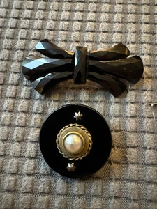 Two Victorian Mourning Brooches-“C” Clasps-Black Glass - Picture 1 of 6