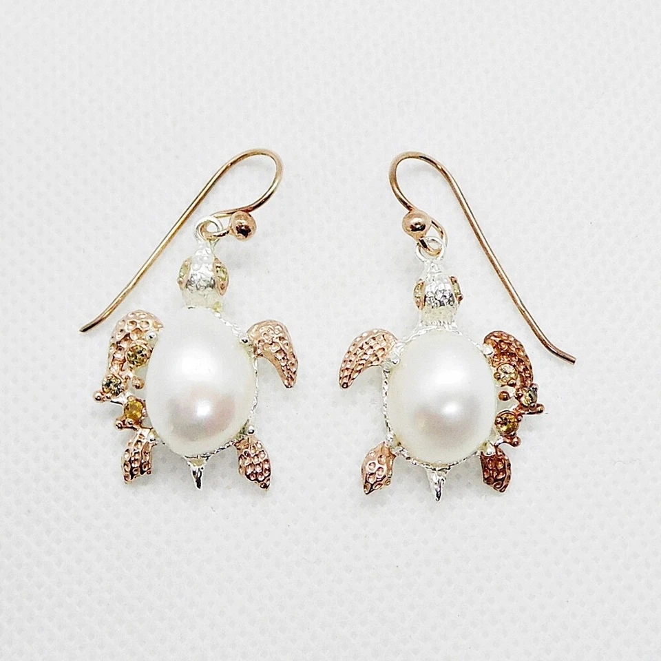 Barock Perlen Saphir Peridot Ohrhänger TURTLE 925 Silber 585 Bicolor vergoldet - Bild 1 von 4