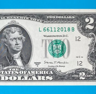 TRAILING YEAR 2018 (L 6611 2018 B) $2 Two Dollar Bill Serial Number 2017A *UNC* - Image 1 of 4