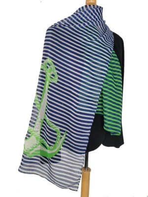 Cejon Womens Wrap Scarf Anchor Design Green Navy White Stripes 64 1/2"x 18 3/4" - Image 1 of 4