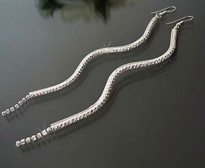 Dangle Earrings Extra Long 14,5cm Flat Back Crystal Rhinestones Silver Jewelry