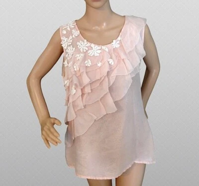 OSCAR DE LA RENTA - PINK SILK CHIFFON w applied FLOWERS RUFFLE BLOUSE - Size 12 - Image 1 of 4