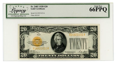 DBR 1928 $20 Gold Fr. 2402 Gem Legacy 66 PPQ Serial A14921431A Cover
