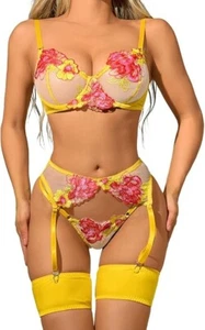 Women's Underweare Floral Embroidered G-String Garter Belt 4 Pieces Lingerie - Picture 1 of 41