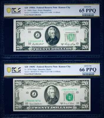 $20 1950A & 1969C Federal Reserve Note Kansas City PCGS 65 & 66 PPQ - Image 1 of 3