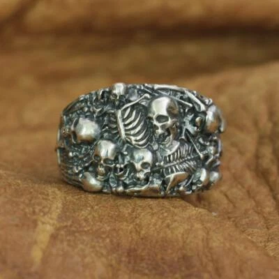 925 Sterling Silver Skulls Grave Ring Mens Biker Punk Ring TA257A US 7 to 15 - Image 1 of 4