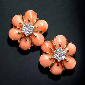 Estate 18K Pink Coral Cabochon Diamond Flower Omega Back Huggie Earrings F Vs - Picture 1 of 11