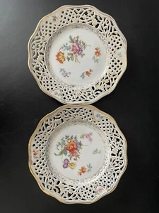 ANTIQUE C S BAVARIA PIERCED PORCELAIN PLATE Roses & Gold Set of 2 8” - Picture 1 of 8