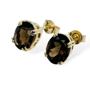 9ct Yellow Gold Oval Smoky Quartz Stud Earrings 2.5g Preloved - Picture 1 of 11