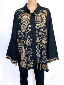 NWT! NEW! JOHNNY WAS Size XL Brown Black Silk Embroidery Top Shirt Blouse Tunic - Picture 1 of 10