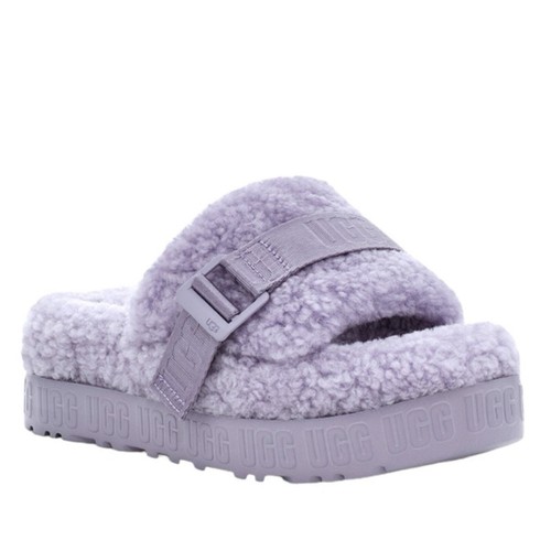 Sandalo Ugg June Gloom viola punta aperta pelle di pecora sherpa fluffita flatform