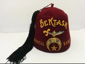 SHRINER'S FEZ HAT WITH TASSEL, BEKTASH ORIENTAL BAND, MAROON & YELLOW  - Picture 1 of 6