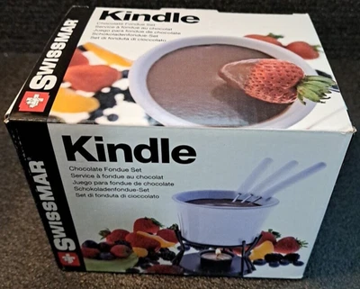 Swissmar Fondue Set 6 Pc White Ceramic Bowl Black Metal Stand Forks NIB Kindle - Image 1 of 4