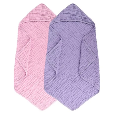 2 Pack Hooded Muslin Cotton Baby Towels, 32x32Inch, Pink & Purple - Image 1 of 4
