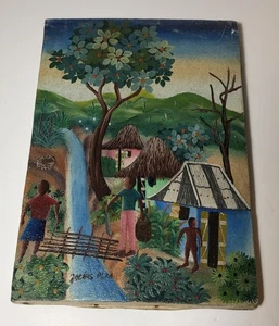 Vintage Haitian Folk Art Oil Painting on Canvas Island Village Life Haiti 10 x 7 - Picture 1 of 8