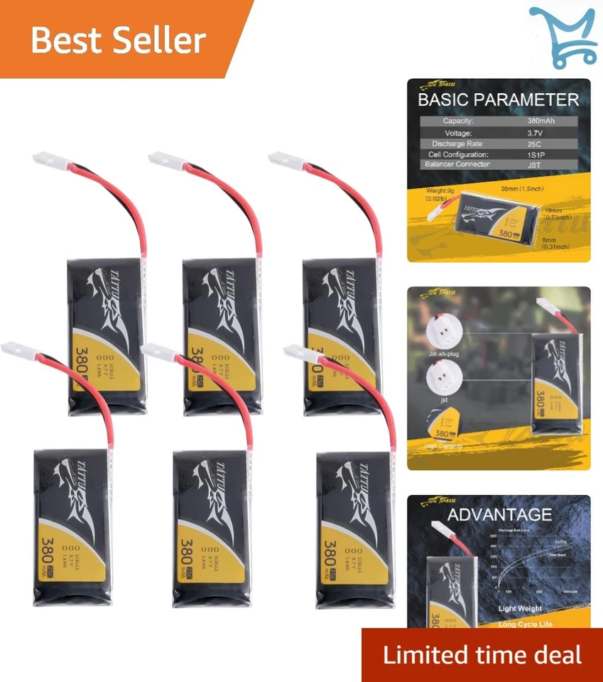 6pcs TATTU 3.7v 380mah 1s Lipo Battery With Molex Plug and 6-port Charger