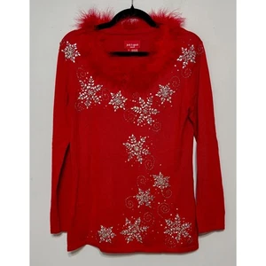 Jack B. Quick Y2K Feather-Trim Holiday Sweater Small 90s Rhinestone Snowflakes - Picture 1 of 6