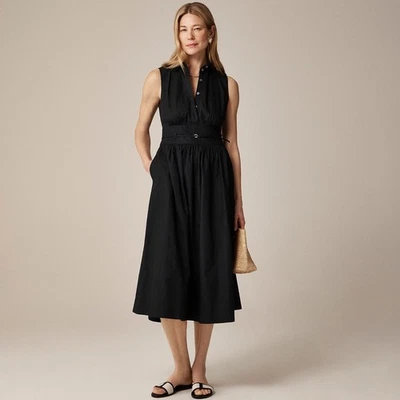 NWT!! J. CREW Fitted-Waist Shirtdress Cotton Poplin Midi Solid Black Size 6 Tall - Image 1 of 4