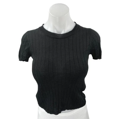 J.Crew Black Silk Cashmere Short Sleeve Ribbed Knit Crew Neck Crop Top Size XS - Image 1 of 4