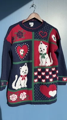 Suéter Vintage Dana Scott Navidad Gato Gatito Corazones y Rosas Mujer’s Grande Foto 1 de 4