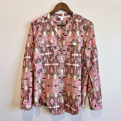 Blusa profesional Charter Club para mujer con botones de cachemira con estampado de desplazamiento manga larga Foto 1 de 4