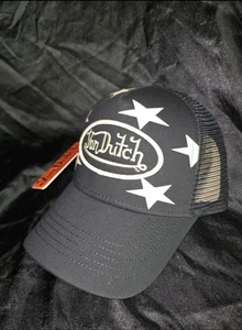Von Dutch Hat Cap Snap Back Black White Mesh Trucker Stars Patch Mens Streetwear - Picture 1 of 4