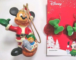 Disney lot of 2. Vintage Mickey Santa ornament plus NEW Minnie  Mouse earrings - Picture 1 of 5