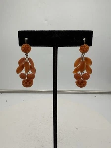 Antique Victorian 14K Gold Carved Natural Salmon Coral Earrings - Picture 1 of 8