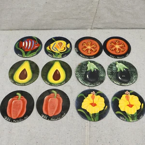Posavasos tropicales pintados a mano conjunto de 12 obras de arte haitianas frutas peces flores - Imagen 1 de 7
