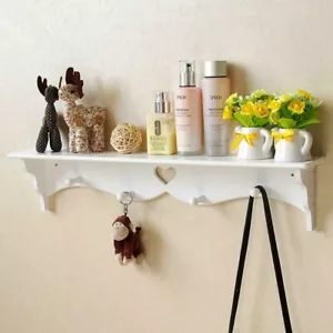 WOODEN FRENCH VINTAGE SHELF UNIT WITH HOOKS SHABBY CHIC WALL STORAGE UNIT WHITE - Picture 1 of 5