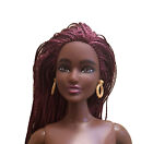 Barbie Doll #186 Black Curvy Burgundy Hair Braids Earrings Nude To Dress