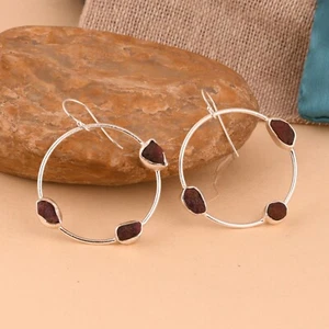Rough Cut Ruby Set Fine Sterling Silver Dangle Earrings Anniversary Gift For Her - Picture 1 of 7