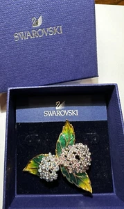 Swarovski Swan Blue Pink Crystals Hydrangea Flower Green Enamel Brooch GIFT BOX - Picture 1 of 9