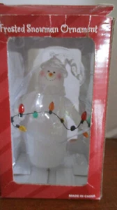 ADORNO MUÑECO DE NIEVE ESMERILADO sosteniendo una CADENA de LUCES DE NAVIDAD ~ NUEVO EN CAJA - Imagen 1 de 3