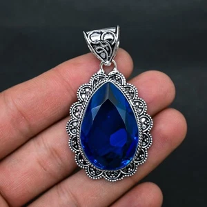 London Blue Topaz Gemstone 925 Sterling Silver Pendant Handmade Jewelry Gift For - Picture 1 of 4