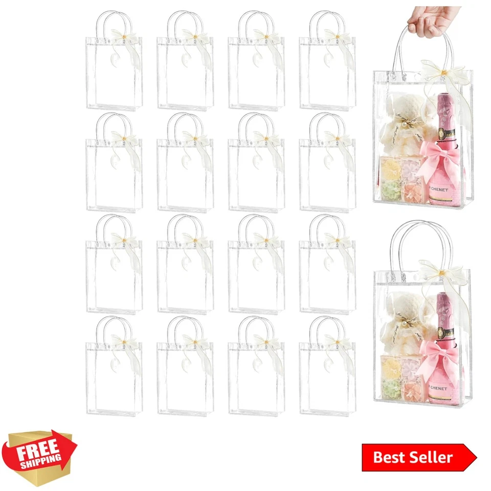 50个可重复使用透明礼品袋带把手和香槟丝带 - 9.1x6.7英寸 — 第 1/4 张图片