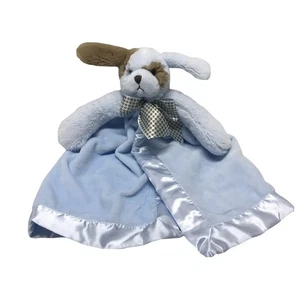 Bearington Baby Blue Plush Puppy Dog Lovey Security Blanket Satin Edge Brown Bow - Picture 1 of 6