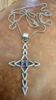 Vintage Sterling Silver Religious Cross Amethyst Stone Pendant Necklace 24” Inch - Image 1 of 4