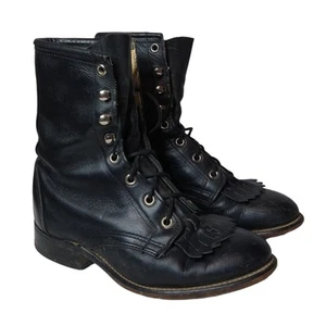 VTG Laredo Kiltie Boots Women's 5.5 Lace Up Leather Bootie Black Fringe Western - Picture 1 of 11