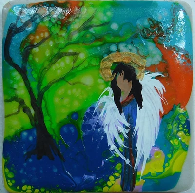 Árbol de ángel pintado a mano sobre azulejo de cerámica imán verter arte de pintura por Rain Crow Foto 1 de 4